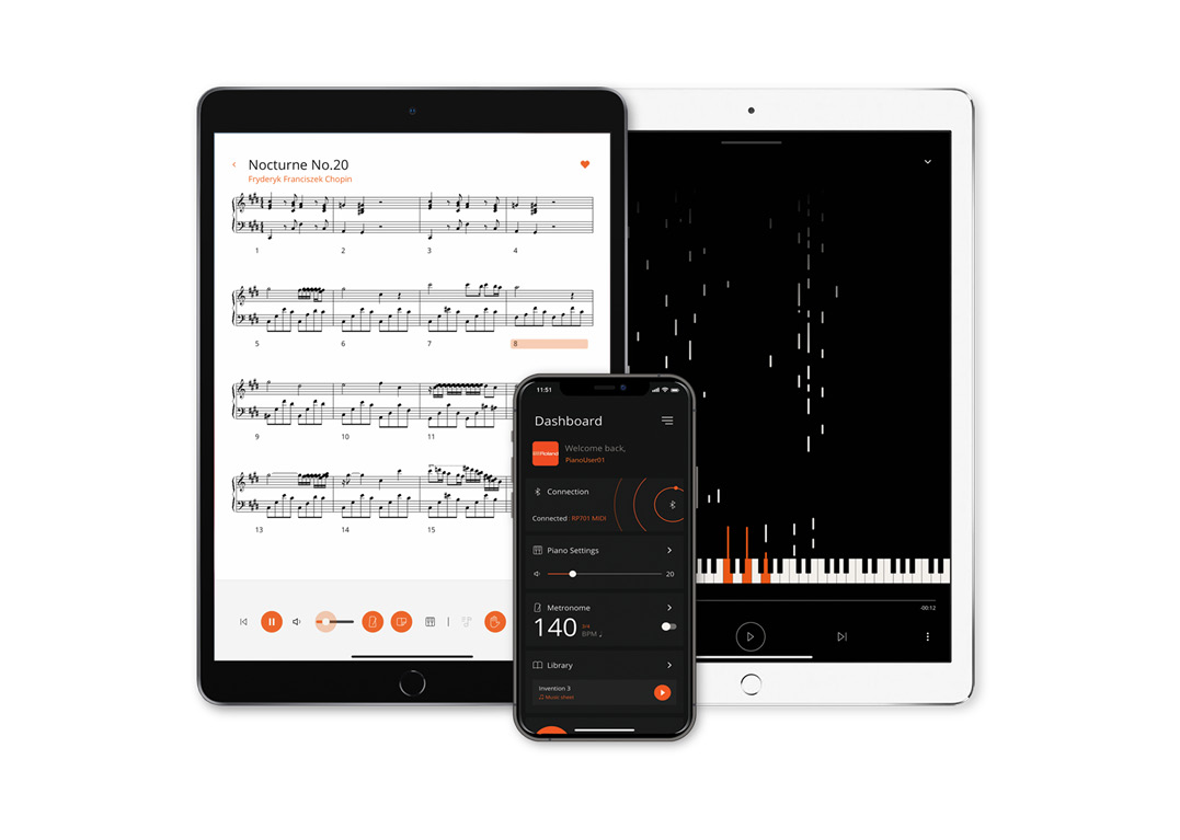 Ứng dụng Roland Piano App — bản nhạc và luyện tập