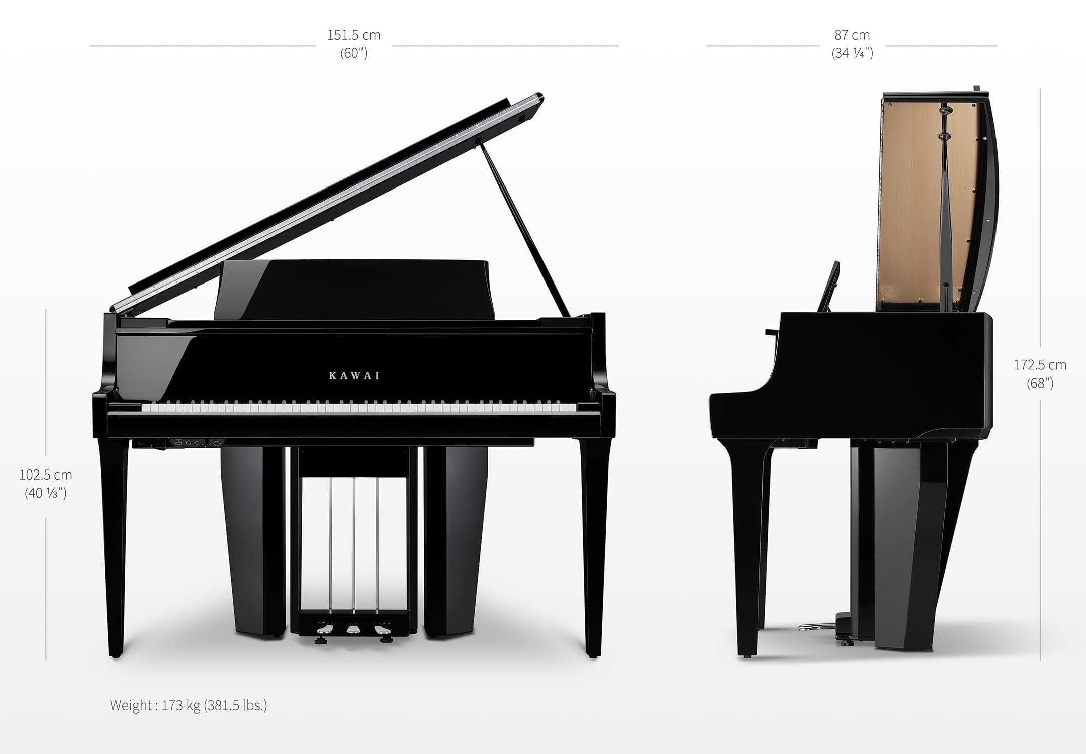 Sơ đồ kích thước Kawai NOVUS NV12: 151,5 x 87 x 102,5/172,5 cm, 173 kg