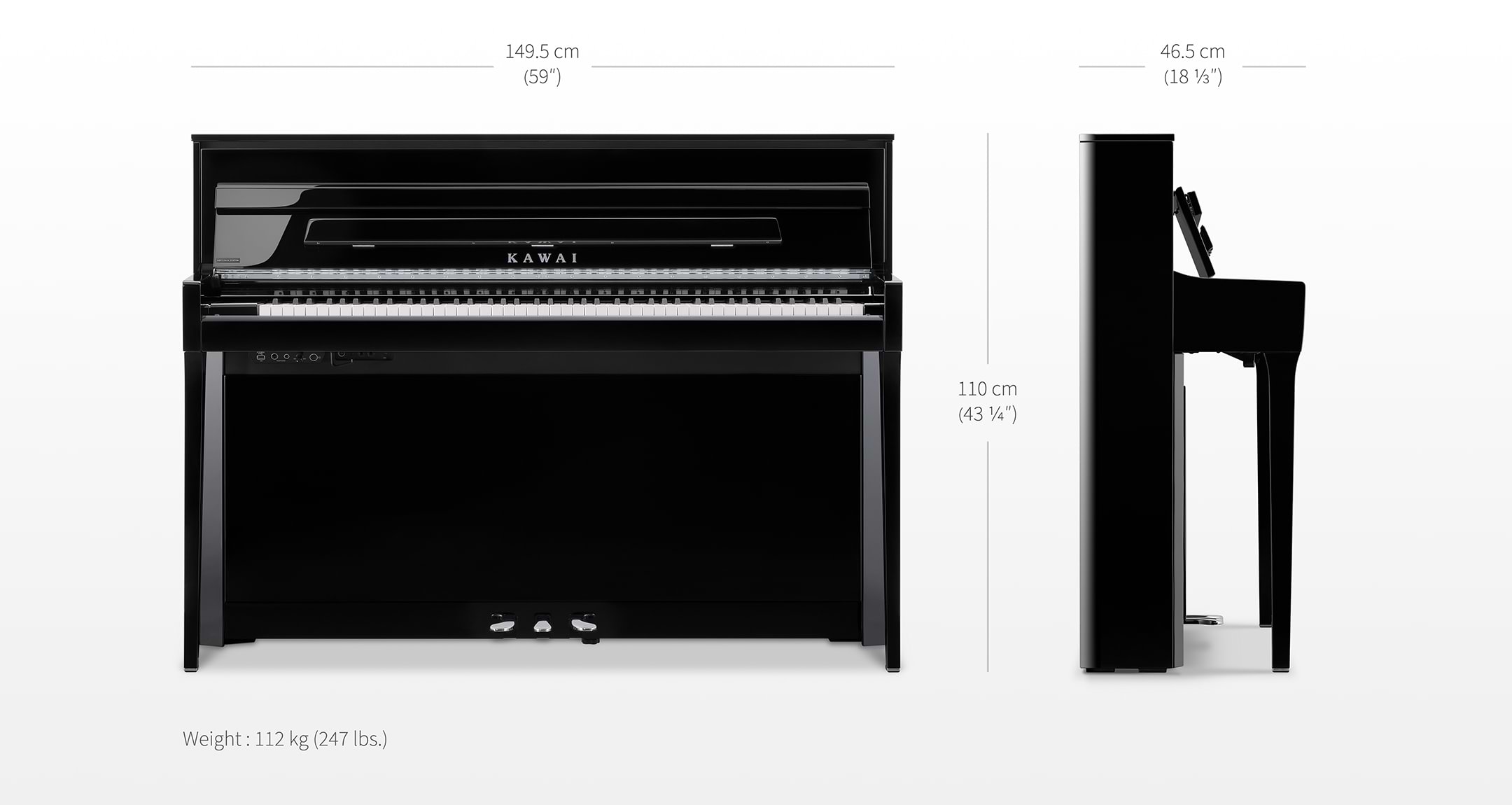 Sơ đồ kích thước Kawai NOVUS NV6: 149,5 x 46,5 x 110cm, 112kg