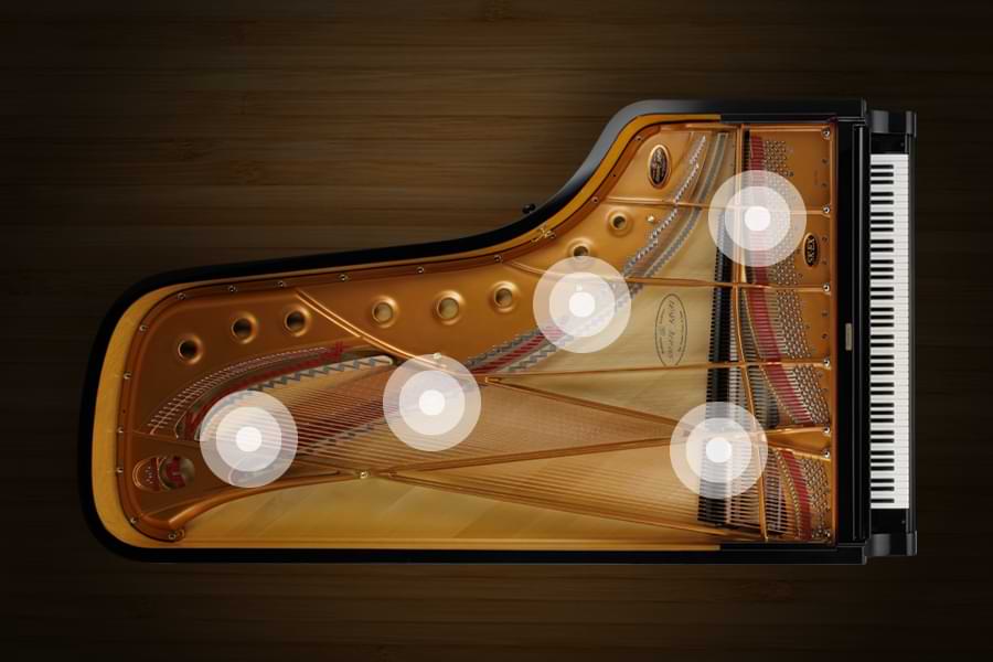 Sơ đồ 5 bộ truyền động PentaDrive trên bảng cộng hưởng grand piano