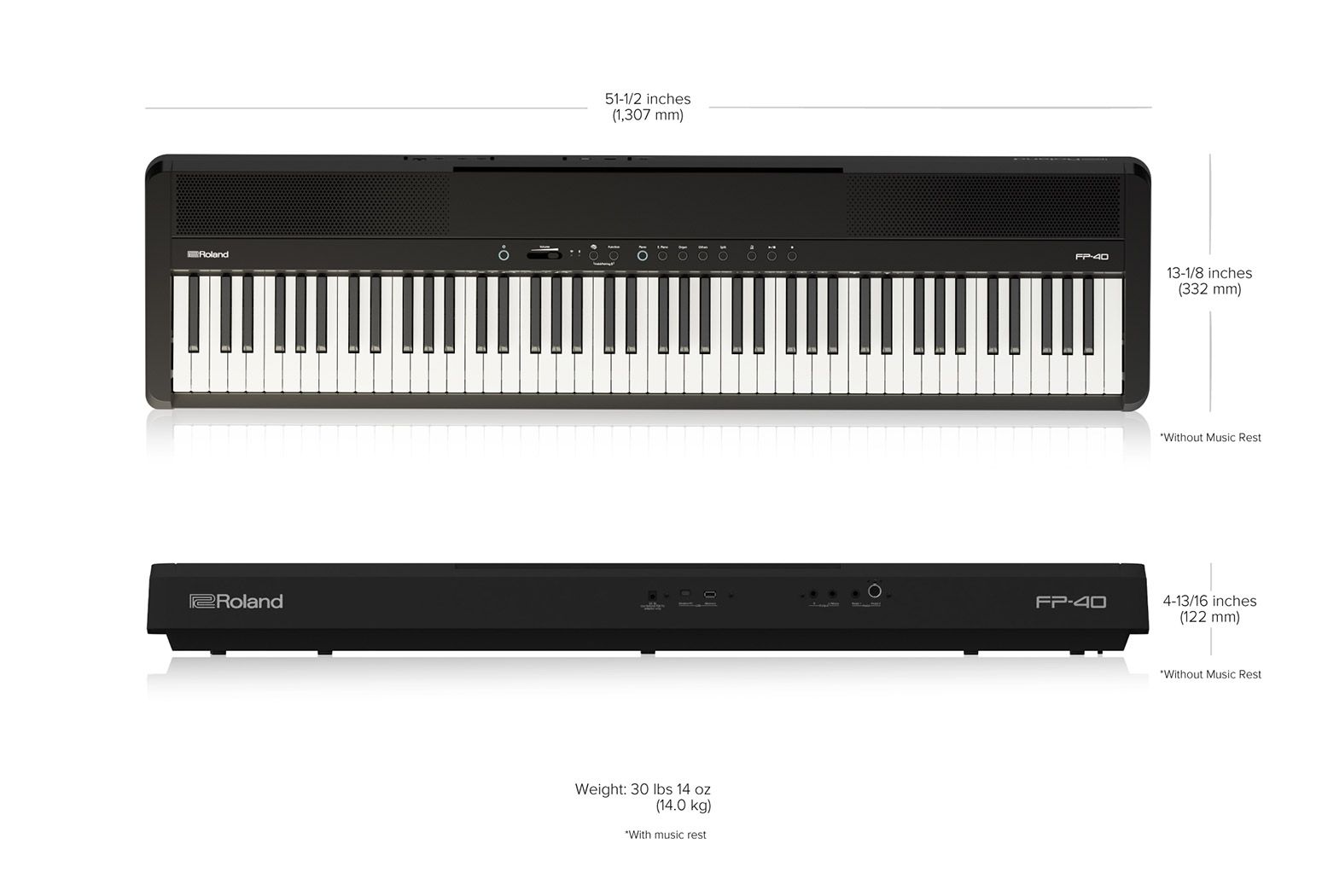 Kích thước Roland FP-40: 1.307 x 332 x 122 mm, nặng 14 kg